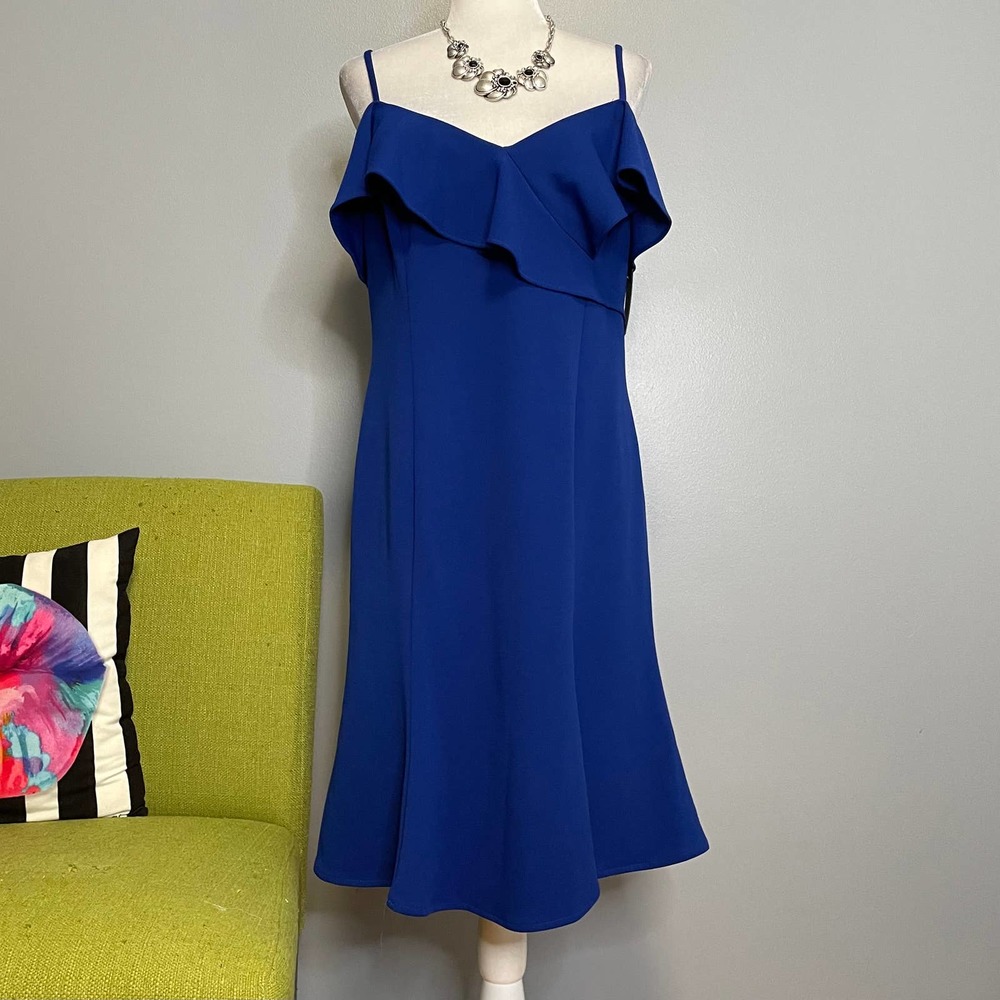 Marina Blue Cold Ruffle Shoulder Cocktail Dress NEW Large